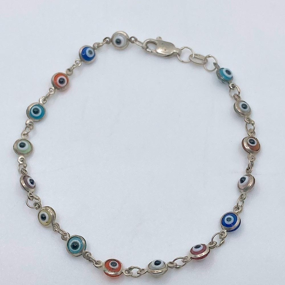 VTG Sterling Greek Evil Eye Protection Bracelet - Glass Eye Links 7”